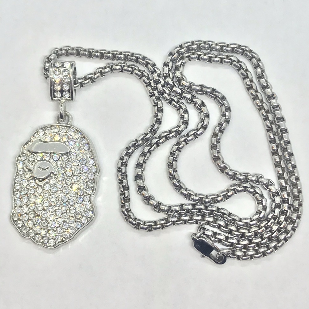 Bape Diamond White Gold Filled Pendant Rope Chain
